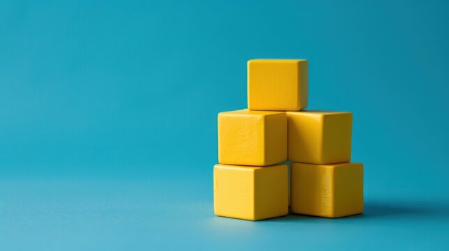 Colorful yellow building blocks on a blue background, representing creativity and childhood play A minimalist stack showcasing geometric shapes and vibrant colors
