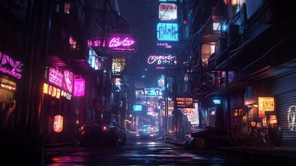 A cyberpunk alleyway with neon signs and a car driving through.