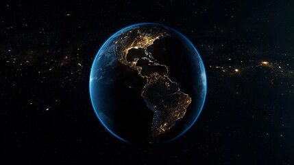 Obraz premium Planet earth illuminated at night from space, showcasing north America, south America, Europe, Africa, Asia, and the middle east interconnected through global networks and technological community