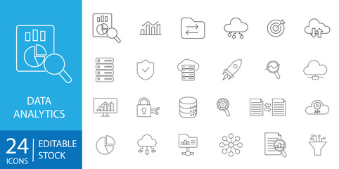 Data Analytics Icons set. database, statistics, server, monitoring, computing, network, big data, data processing, hosting.