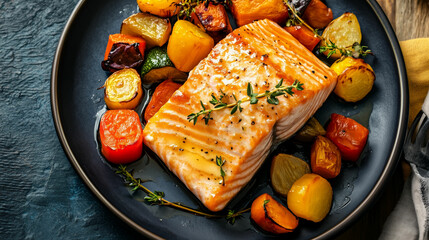Seared salmon with a maple glaze served with roasted vegetables for a vibrant dinner