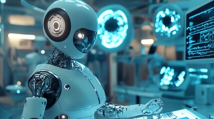 Fototapeta premium A futuristic medical robot with a round head and glowing blue eyes stands in a high-tech operating room, working on a medical device.