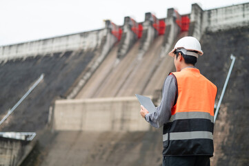 Fototapeta premium Smiling young Asian civil engineer standing with his arms crossed wearing a helmet and using a walkie-talkie. View and inspect the operation of the dam's sluice gates using the Quality Monitor tablet.