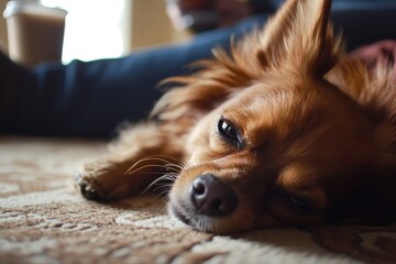 A close-up of a sleepy dog lounging on the floor, eyes barely open, with a person drinking coffee in the background.