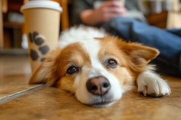 A close-up of a sleepy dog lounging on the floor, eyes barely open, with a person drinking coffee in the background.