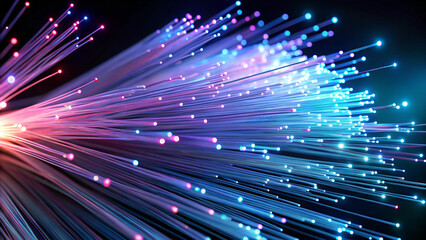 Fiber optic strands glow in shades of blue and pink against a dark background, illustrating digital connectivity and technological advancement with colorful light streams.