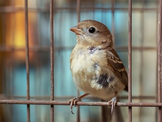 A close-up of a small bird in a recovery cage, gently hopping around after being treated for a broken wing.