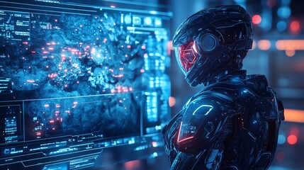 Futuristic soldier in a high-tech suit looking at a digital map on a large screen.