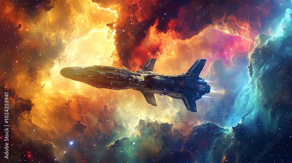 Canvas Prints a futuristic spaceship soars through a vibrant nebula.