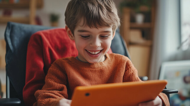 Child with autism engages with a specialized app on a tablet while sitting in a cozy reading nook at home - Powered by Adobe