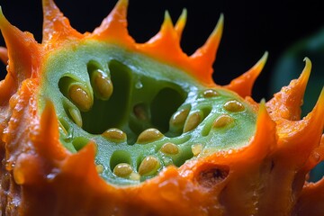 A close-up of a split-open kiwano (horned melon), revealing its vibrant green, jelly-like interior contrasting with the orange spiky shell.