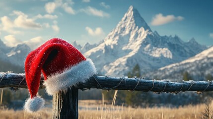 fluffy santa claus hat abandoned on a fence in the background a beautiful landscape with snow-capped mountains