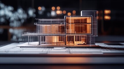 A detailed architectural model showcasing a modern building design with illuminated features.