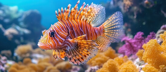A close-up of a lionfish with its striking red and white stripes and long, flowing fins, swimming in a coral reef.