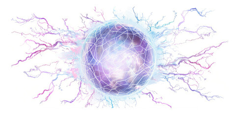 Lightning web spreading across the frame,  electrifying trap spell by a wizard, on white.