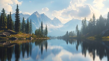 Fototapeta premium Calm mountain lake with a reflection of the surrounding trees and mountains.
