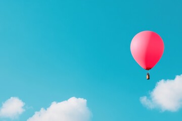Fototapeta premium Single pink hot air balloon drifting across clear blue sky.