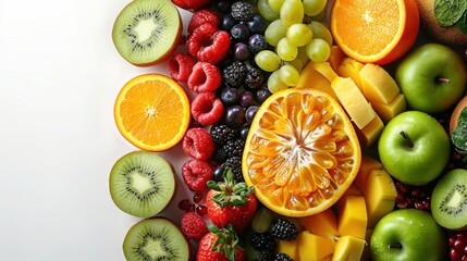 A diverse variety of fruits including oranges, kiwis, apples, raspberries, grapes, and berries arranged on a white surface.

