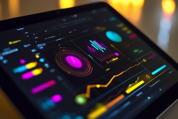 A close-up of a tablet showing machine learning model results, with colorful charts and graphs tracking predictions.