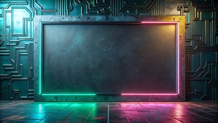 Obraz premium Futuristic neon-lit blank canvas in a tech-inspired room