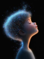 A serene child with eyes closed appears starry and sparkly, suggesting dreams and imagination with a glowing aura in a dark background.