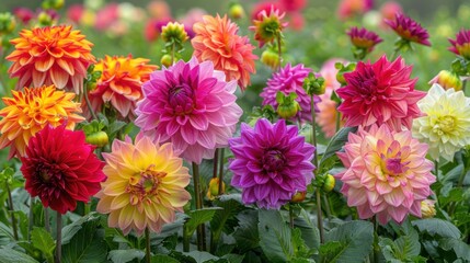 A variety of colorful dahlias blooming together in a lush garden setting.


