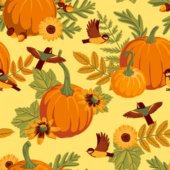 vector drawing seamless pattern with orange pumpkins, flowers, birds and leaves, autumnal background, hand drawn illustration