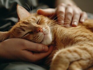 A close-up of a veterinarian gently massaging the muscles of a cat recovering from surgery in a calm, warm room.