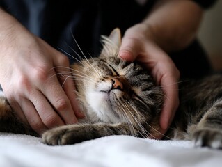 A close-up of a veterinarian gently massaging the muscles of a cat recovering from surgery in a calm, warm room.