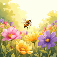 Bee Flying Over Colorful Flowers