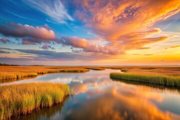 Obraz premium Warm sky over a marsh at Milford Point Connecticut Minimalist