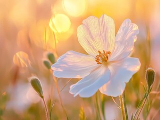 Obraz premium A close-up of a wildflower in a meadow, its delicate petals glowing under the soft golden hour light.