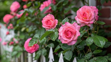 Beautiful pink roses blooming along a white picket fence in a garden setting.

