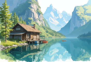 Obraz premium Cabin by Mountain Lake with Boats 