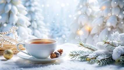 Fototapeta premium Warm winter scenery with hot tea and elegant decor from a low angle perspective