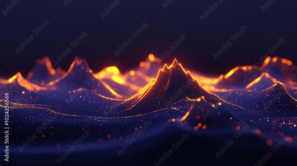 Canvas Prints a digital, abstract mountain range in a deep blue and orange color scheme.