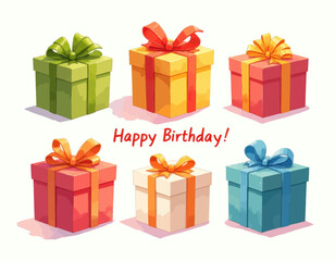 Colorful Gift Boxes with Happy Birthday Text 
