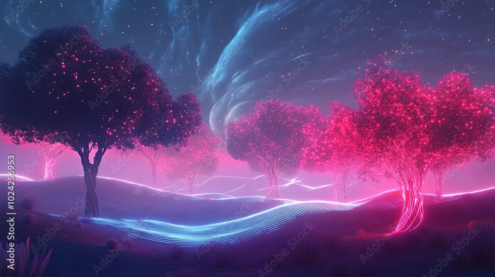 Canvas Prints neon pink and blue glowing trees on a magical landscape with a swirling galaxy.