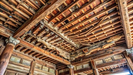 Fototapeta premium Water damaged wooden ceiling in ancient Chinese shrine, tilted angle
