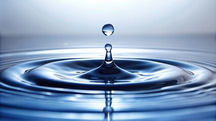 Water drop falling and creating ripples on white background