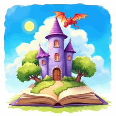 Fantasy Castle with Dragon and Open Book