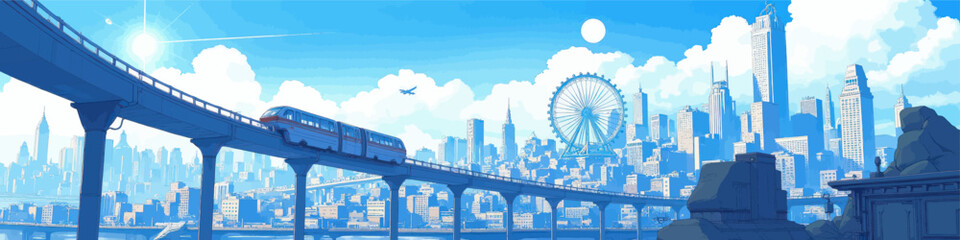 Fototapeta premium Futuristic Cityscape with Train and Ferris Wheel 