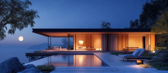 Fototapeta premium Modern house with a pool and a view of the ocean at night.