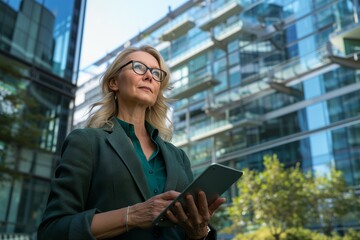 Fototapeta premium Portrait of a confident businesswoman using a digital tablet outside a contemporary office building, showcasing success and modern technology.