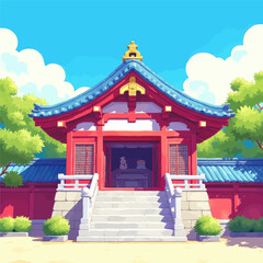 Fototapeta premium Japanese Temple with Blue Roof and White Stairs 