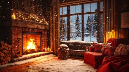 Cozy cabin interior with a fireplace, red couch, and snowy winter view.