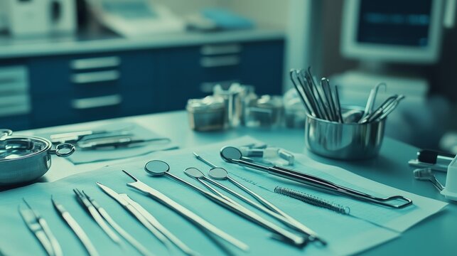 A close-up of medical instruments and charts neatly organized in a clinic treatment room, ready for the next patient.