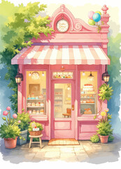 Obraz premium Pink storefront with pastries and balloons 