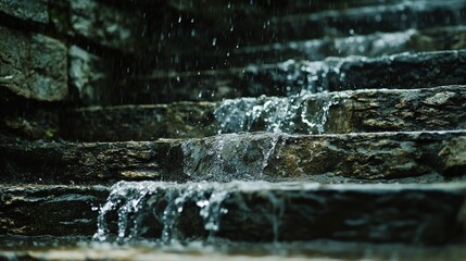 A close-up of rainwater splashing on stone steps, with water running down to the ground.