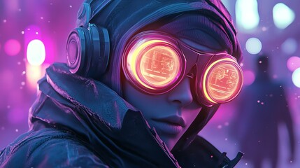 A cyberpunk woman in a futuristic city, wearing goggles and headphones with neon lights reflecting off her face.